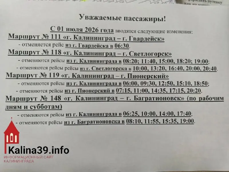 С 1 июля один перевозчик уменьшит число ежедневных рейсов в направлениях Светлогорск, Пионерский и Багратионовск. Власти заявляют, что маршруты не закрывают полностью, а компании продолжают поиск водителей.