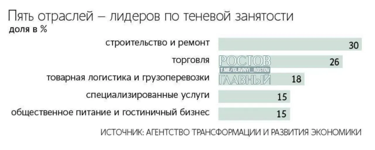 Примерно 25 миллионов россиян заняты в неформальном секторе: наиболее распространённые сферы — строительство, ремонт и торговля, что уменьшает налоговые поступления и защищённость работников.