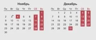Для работающих по пятидневке предусмотрены дополнительные и сокращённые рабочие недели: выходной 4 ноября и три рабочих дня перед Новым годом — 28–30 декабря.